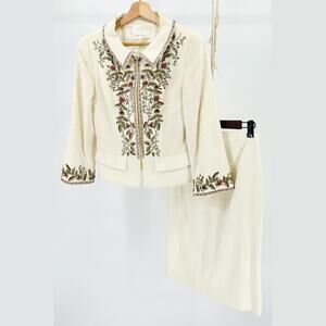 Vintage 90s Escada Ivory Elegant Cream Beaded Linen Cotton Skirt Suit